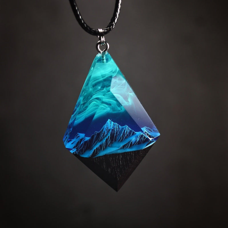 Northern lights Wood resin pendant | Snow Mountain Aurora | Glow in the dark Jewelry